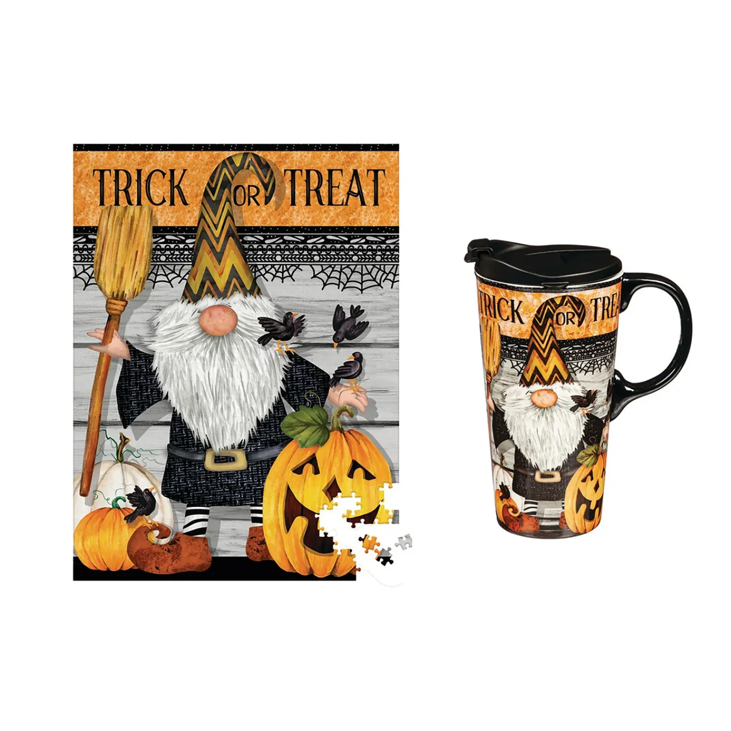 Plow & Hearth Travel Cups>17 OZ Ceramic Cup and Puzzle Gift Set, Trick Or Treat Gnome