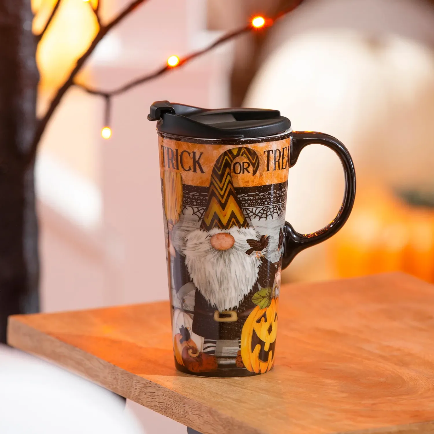 Plow & Hearth Travel Cups>17 OZ Ceramic Cup and Puzzle Gift Set, Trick Or Treat Gnome