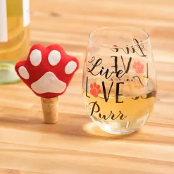 Plow & Hearth Wine Glasses>17 OZ Stemless Glass with Paw Print Stopper, Live Love Purr, Gift Set