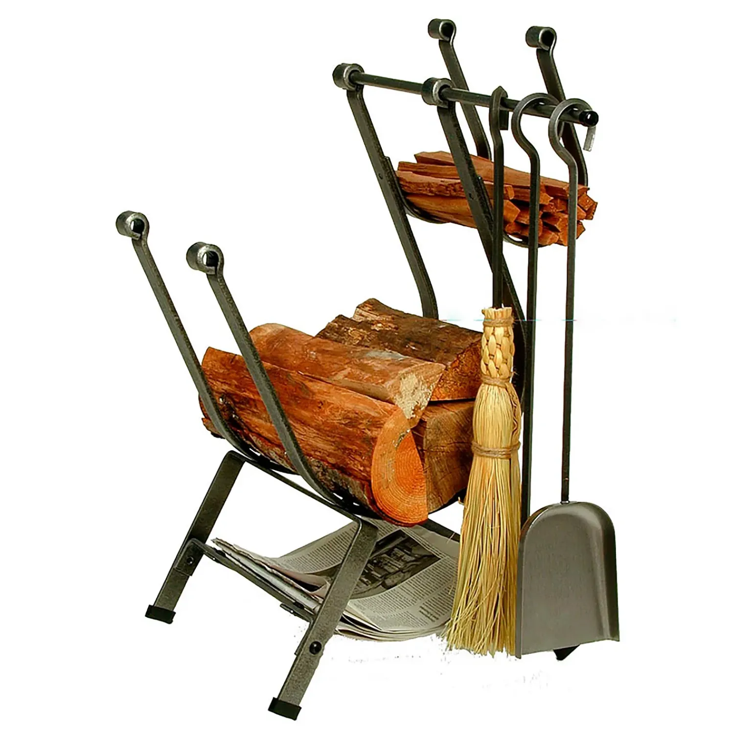 Plow & Hearth Fireplace Tool Sets|Wood Storage & Wood Racks>American-Made Hammered Steel Front-Loading Log Rack with Set Of 3 Tools