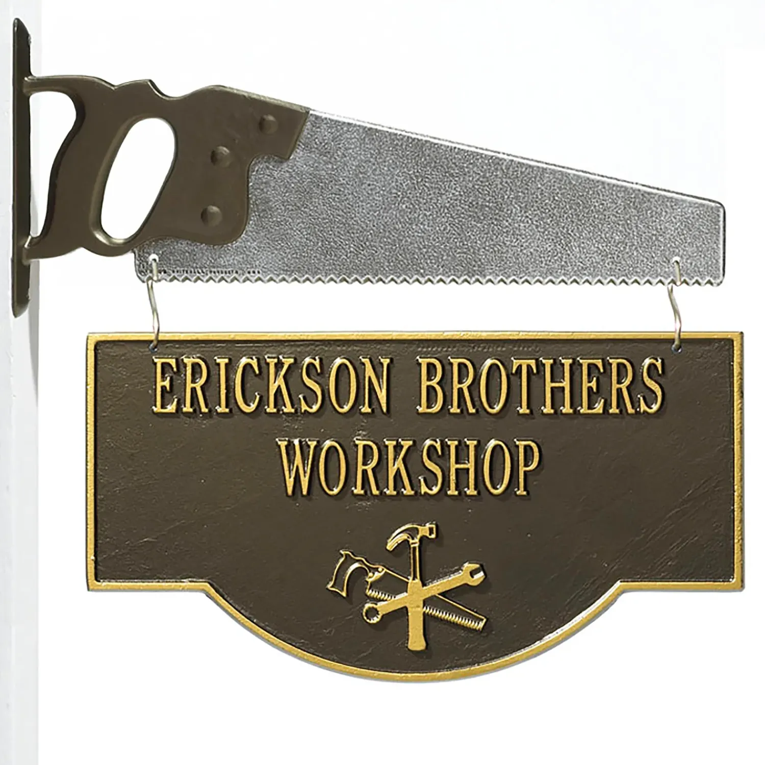 Plow & Hearth Address Signs & Wall Plaques>American-Made Personalized 2-Sided Workshop Sign With Saw Bracket In Cast Aluminum