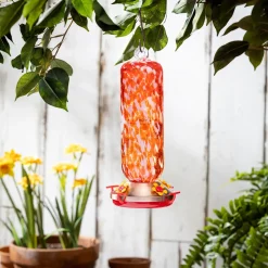 Plow & Hearth Hummingbird Feeders>Art Glass Hanging Hummingbird Feeder, Red & White