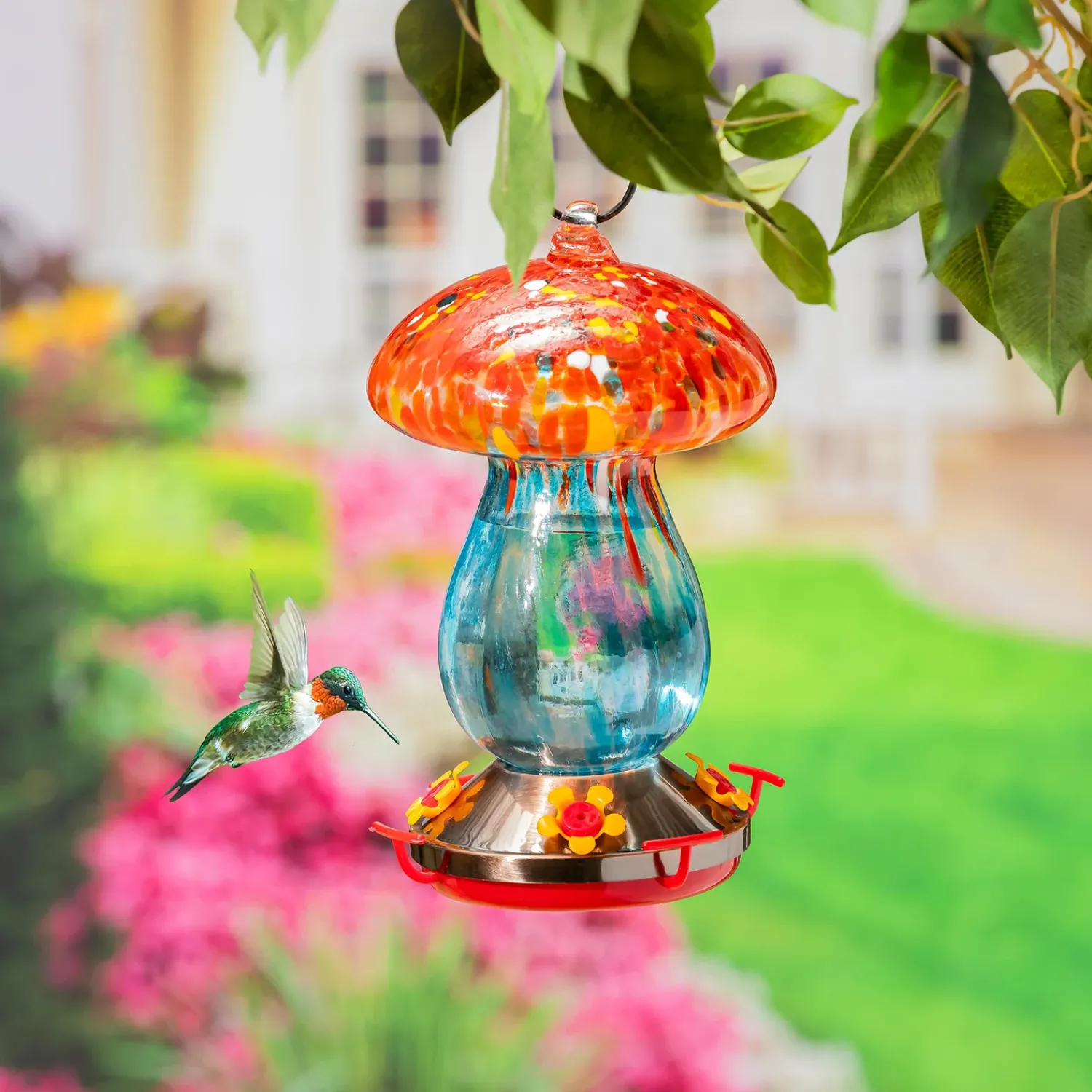 Plow & Hearth Hummingbird Feeders>Art Glass Hanging Mushroom, Red & Blue