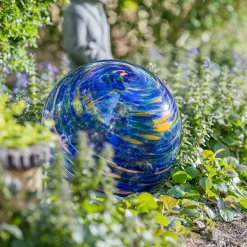 Plow & Hearth Gazing Balls>Art Glass Swirled Gazing Ball with Stand, Royal Blue