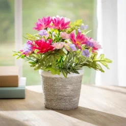Plow & Hearth Decorative Accents|Faux Flowers & Plants>Artificial Floral Arrangement in Basket Table Décor, 9"H