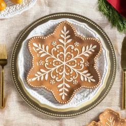 Plow & Hearth Plates & Platters>Baking Spirits Bright Plate Gingerbread Snowflake Shaped Embossed Ceramic Salad Plate, 9"