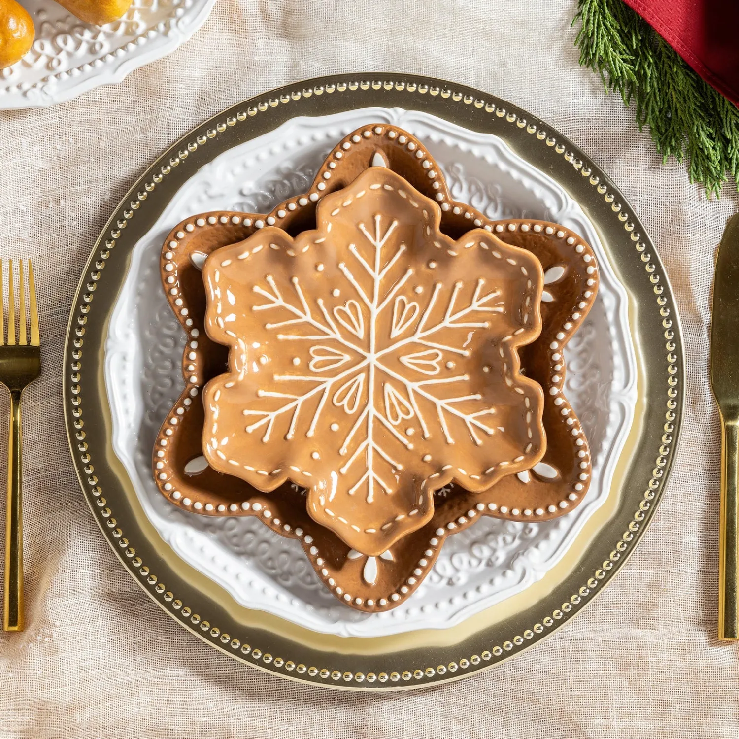 Plow & Hearth Plates & Platters>Baking Spirits Bright Plate Gingerbread Snowflake Shaped Embossed Ceramic Appetizer Plate, 8"