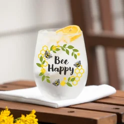 Plow & Hearth Wine Glasses>Bee Happy Stemless Glass, 17oz, Gift Box