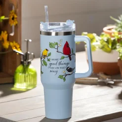 Plow & Hearth Travel Cups>Bird Friends Canyon Cup, Double Wall Stainless Steel w/ Straw, 40oz, Gift Box