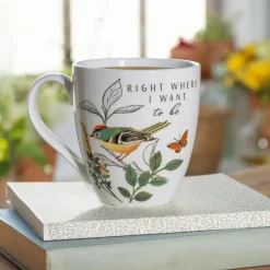 Plow & Hearth Coffee & Tea Cups>Bird Greenhouse Retreat Ruby Browned Kinglet Ceramic Cup O' Java, 17oz, Gift Box