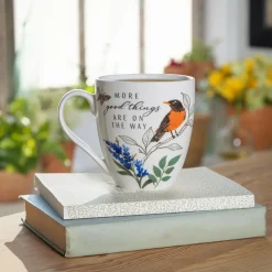 Plow & Hearth Coffee & Tea Cups>Bird Greenhouse Retreat Robin Ceramic Cup O' Java, 17oz, Gift Box