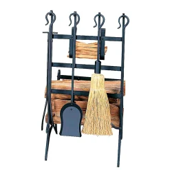 Plow & Hearth Fireplace Tool Sets|Wood Storage & Wood Racks>Wrought Iron Log Rack With Tools And Fatwood Rack Black