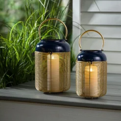 Plow & Hearth Candles & Lanterns>Blue and Gold Metal Lanterns, Set of 2