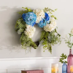 Plow & Hearth Wreaths|Faux Flowers & Plants>Blue and White Faux Hydrangea Wreath with Greenery