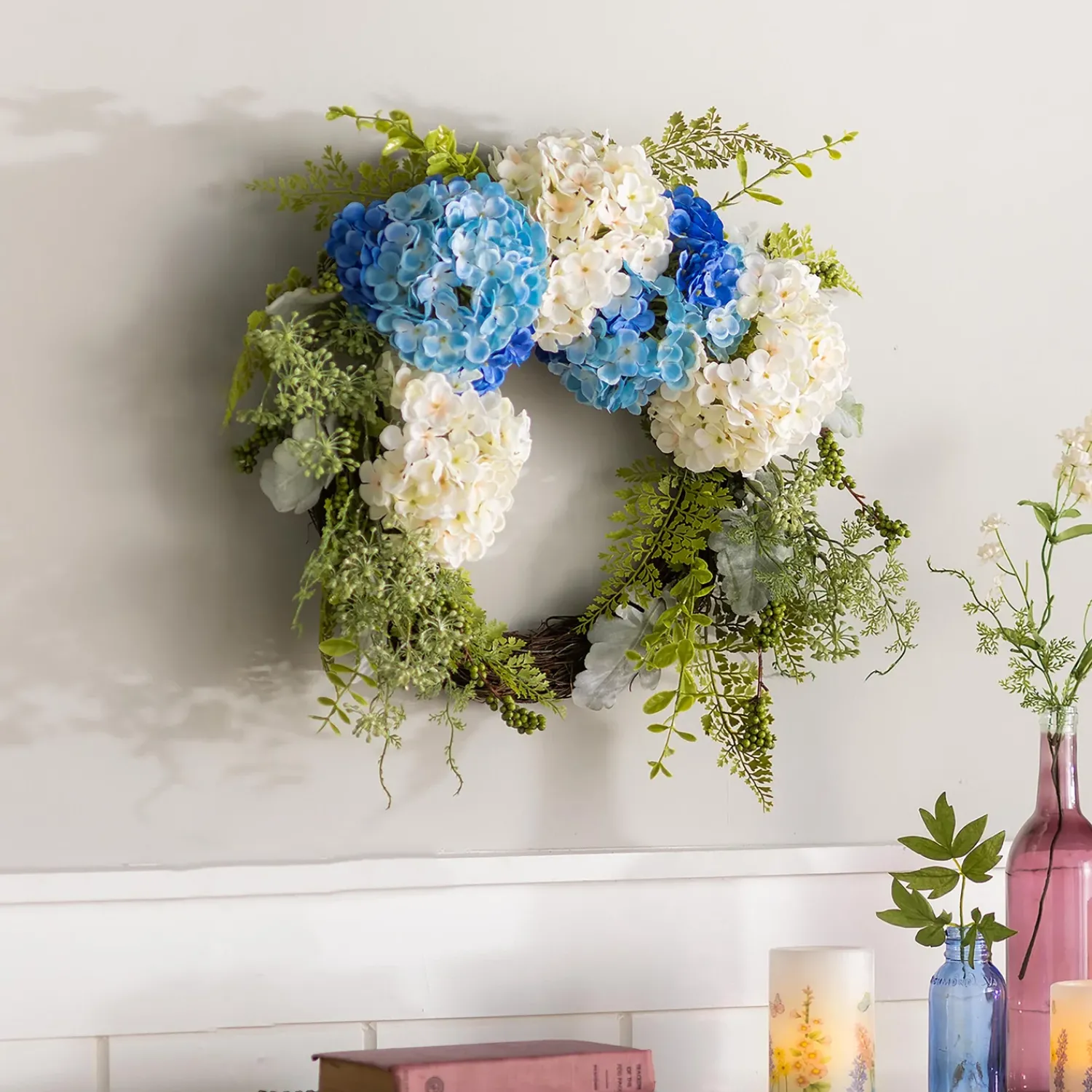 Plow & Hearth Wreaths|Faux Flowers & Plants>Blue and White Faux Hydrangea Wreath with Greenery