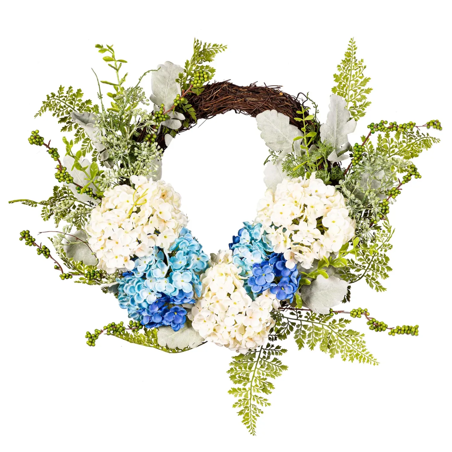 Plow & Hearth Wreaths|Faux Flowers & Plants>Blue and White Faux Hydrangea Wreath with Greenery