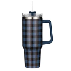 Plow & Hearth Travel Cups>Blue Buffalo Check Canyon Cup, Double Wall Stainless Steel w/ Straw, 40oz, Gift Box
