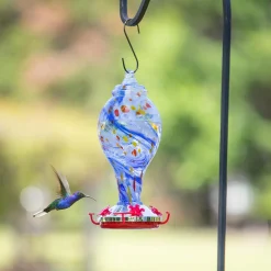 Plow & Hearth Bird Feeders>Blue Swirled Glass Hummingbird Feeder