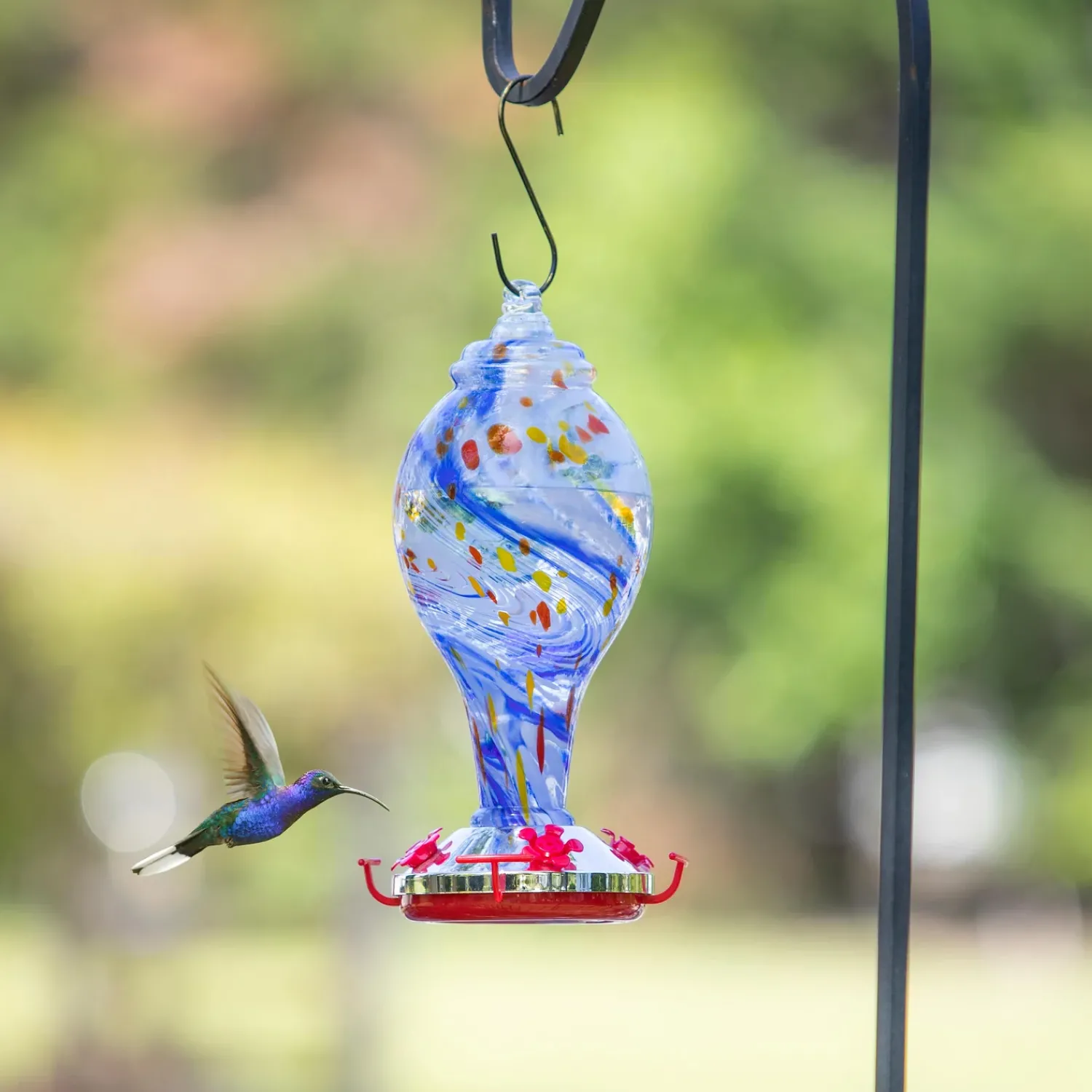Plow & Hearth Bird Feeders>Blue Swirled Glass Hummingbird Feeder