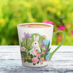 Plow & Hearth Coffee & Tea Cups>Bunny In Bloom Vingette Ceramic Flare Cup, 12oz, Gift Box