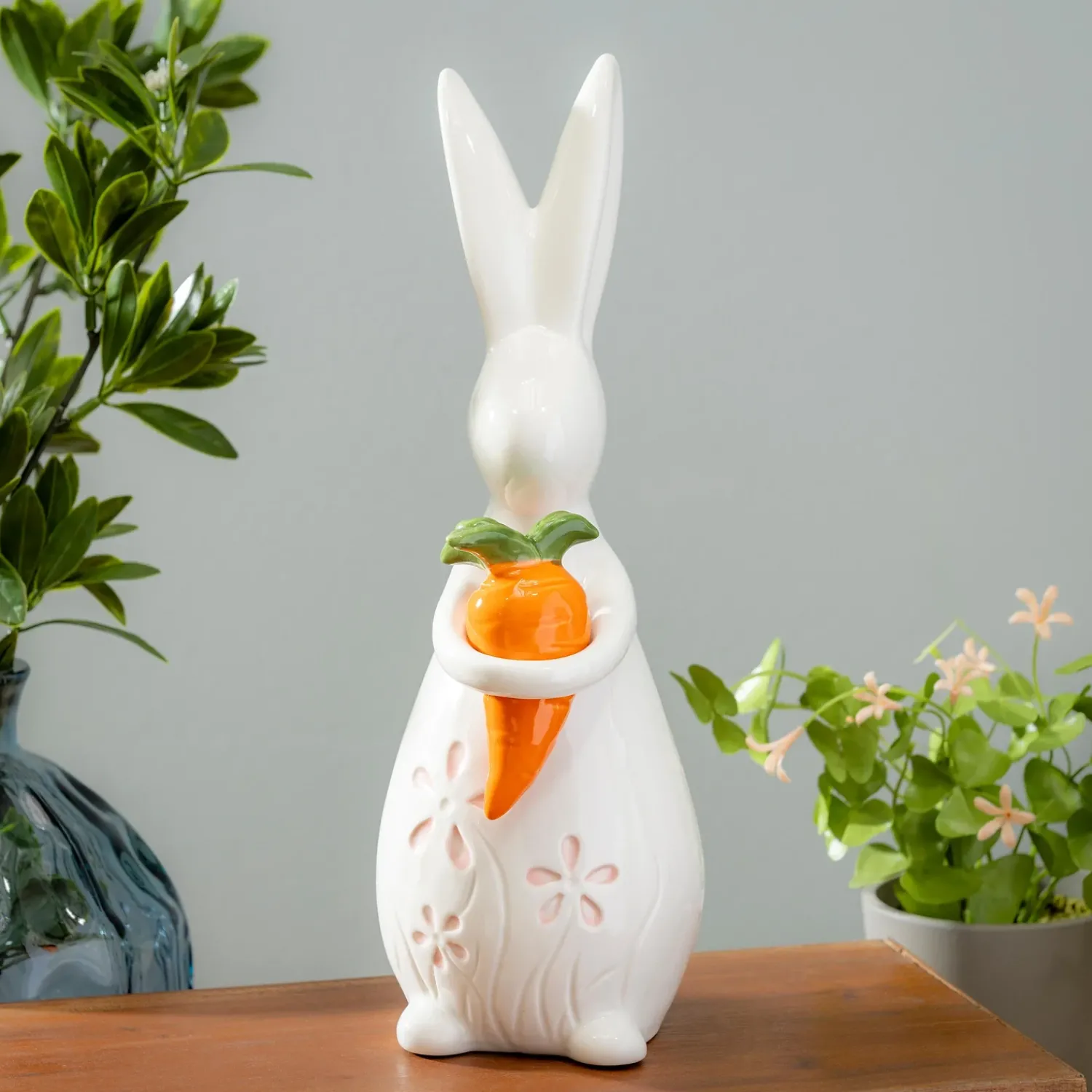 Plow & Hearth Decorative Accents>Bunny with Carrot Ceramic Table Decor, 12.5"H