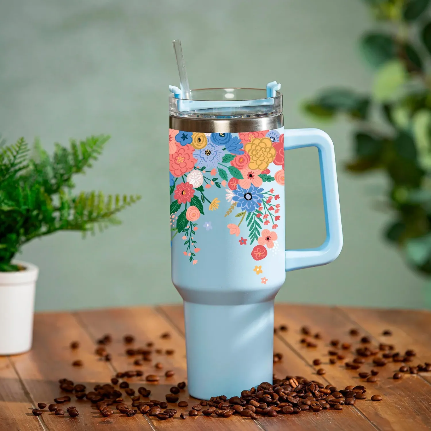 Plow & Hearth Travel Cups>Bursting Blossoms Canyon Cup, Double Wall Stainless Steel w/ Straw, 40oz, Gift Box