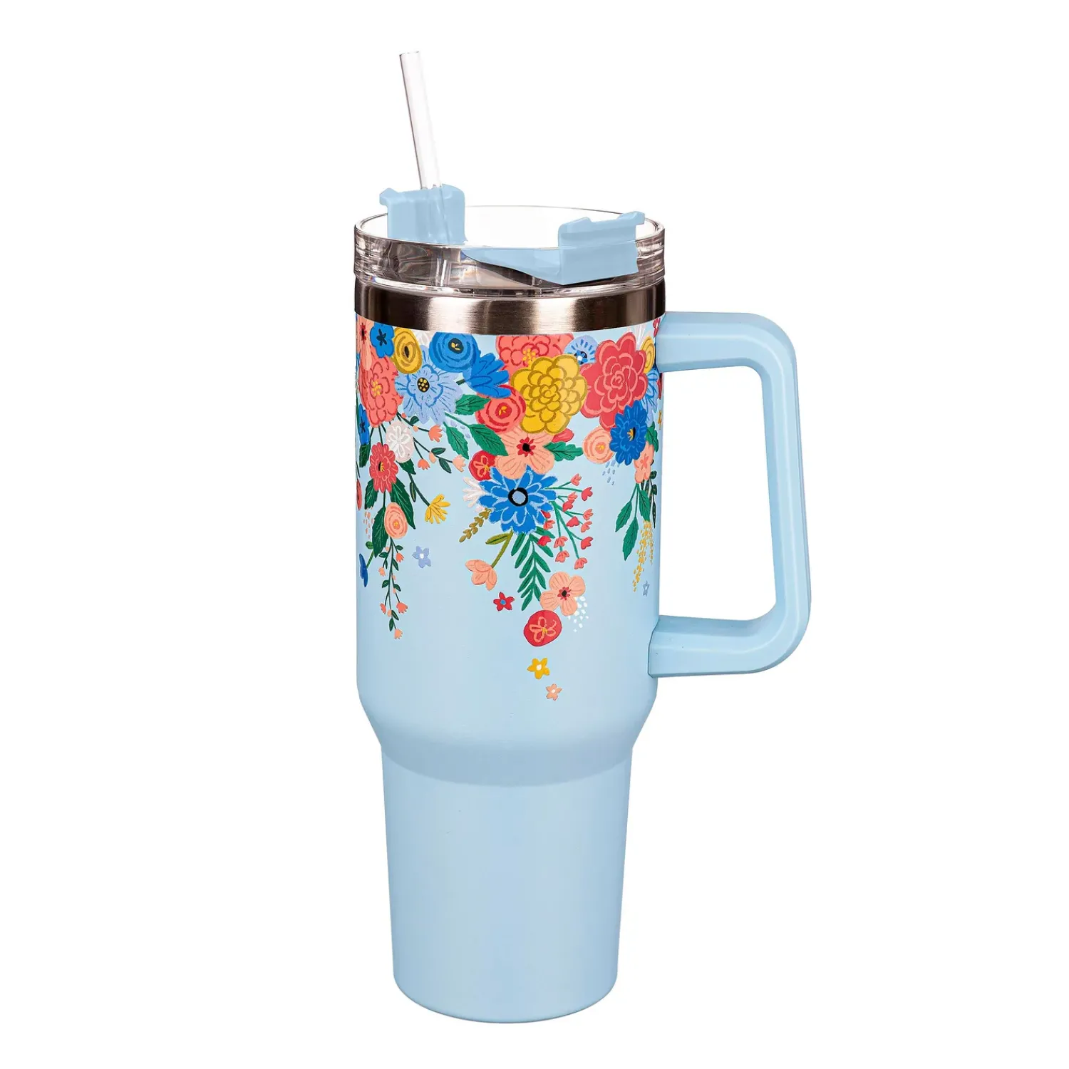 Plow & Hearth Travel Cups>Bursting Blossoms Canyon Cup, Double Wall Stainless Steel w/ Straw, 40oz, Gift Box