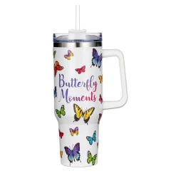 Plow & Hearth Travel Cups>Butterfly Moments Canyon Cup, Double Wall Stainless Steel w/ Straw, 40oz, Gift Box
