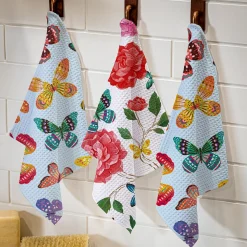 Plow & Hearth Kitchen Linens>Butterfly Toile Quick Dry Dish Cloth, Set of 3, 10" x 10"