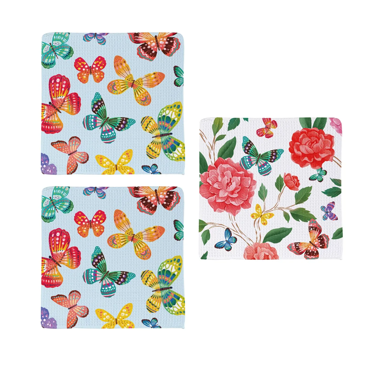 Plow & Hearth Kitchen Linens>Butterfly Toile Quick Dry Dish Cloth, Set of 3, 10" x 10"