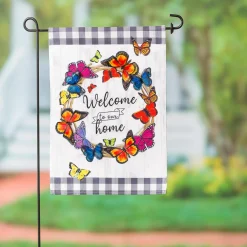 Plow & Hearth Garden Flags>Butterfly Welcome Wreath Linen Garden Flag