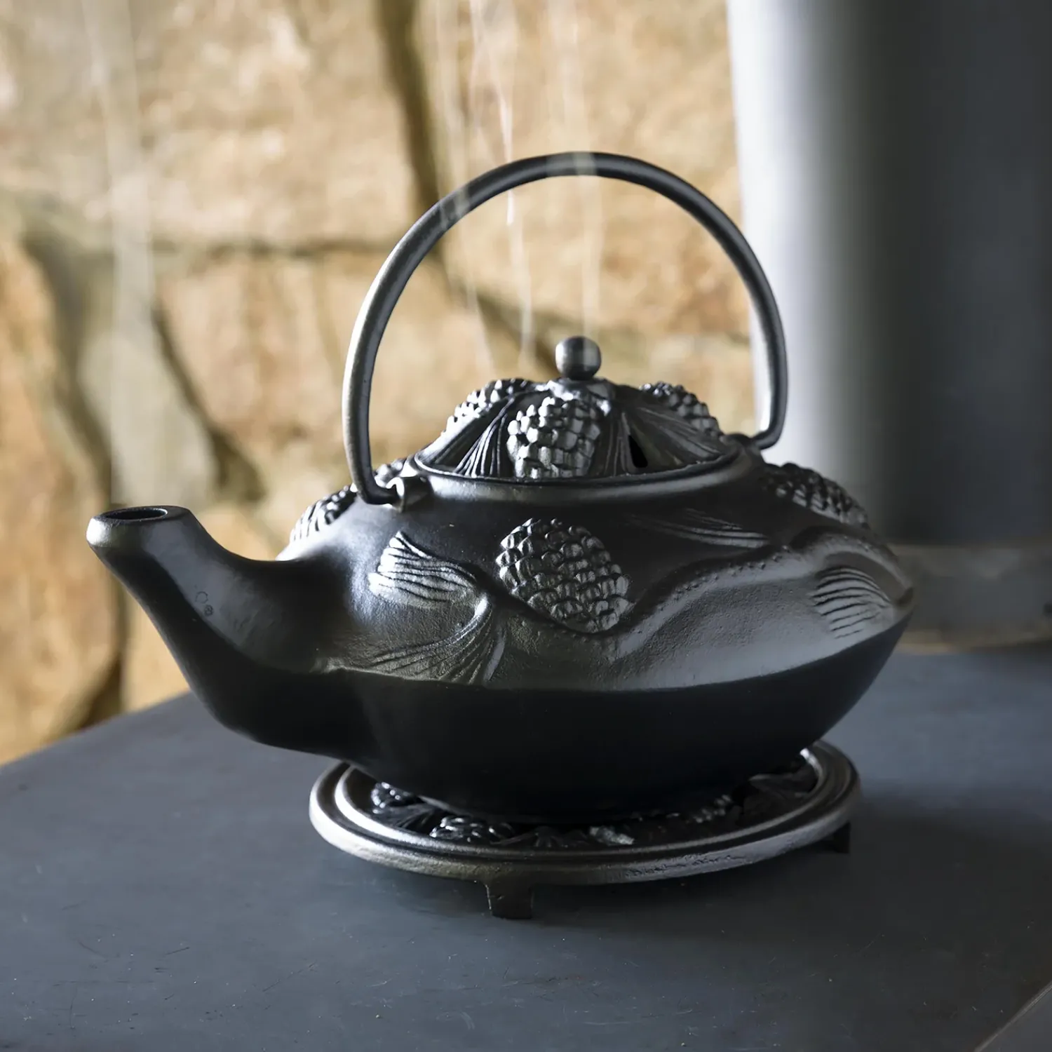 Plow & Hearth Woodstove Steamers>Cast Iron Wood Stove Kettle Steamer with Pine Cone Design Black