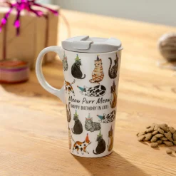 Plow & Hearth Travel Cups>Cat Happy Birthday Ceramic Perfect Cup, 17oz, Gift Box
