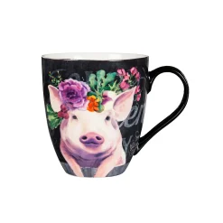 Plow & Hearth Coffee & Tea Cups>Ceramic Cup O' Java, 17 OZ, Floral Pig