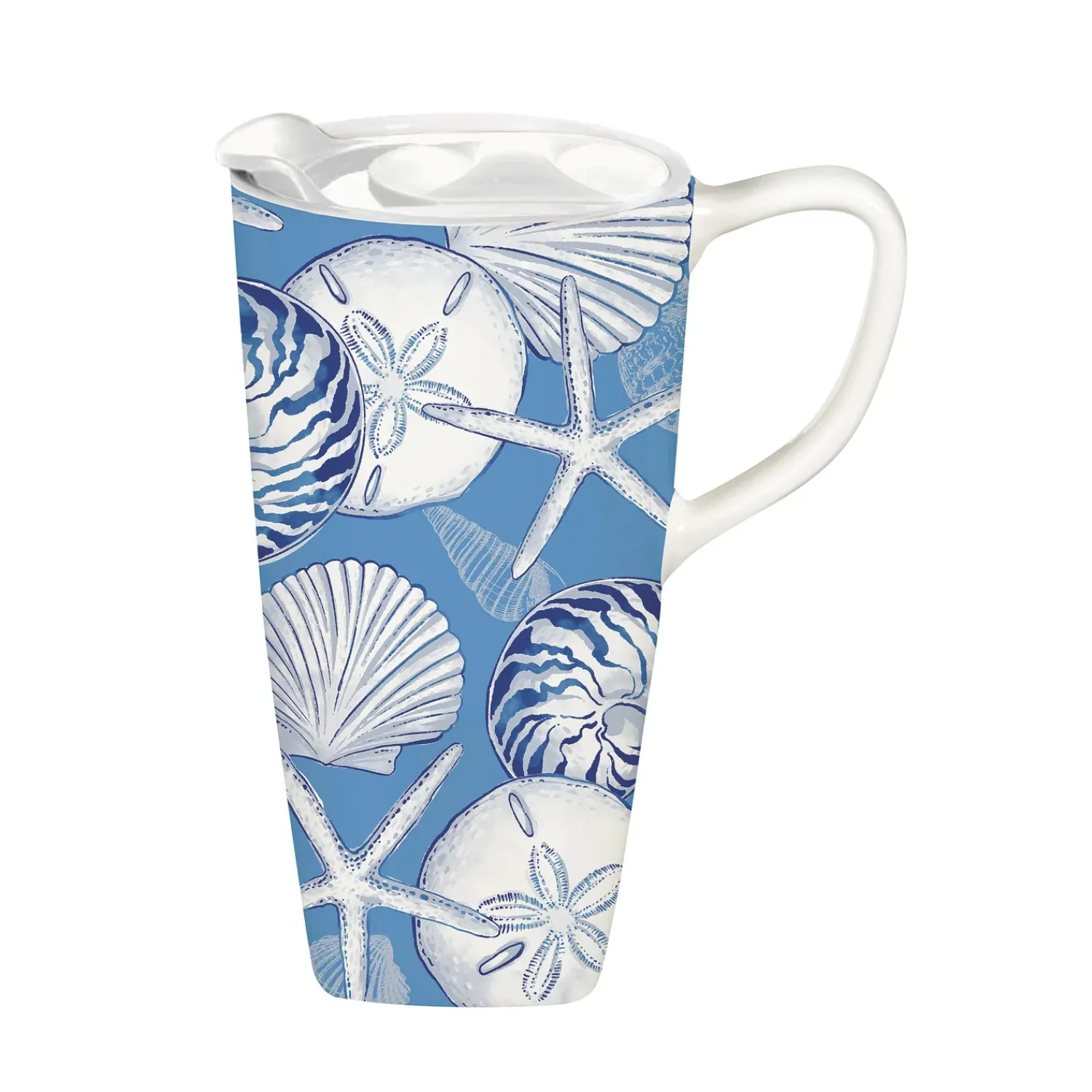 Plow & Hearth Travel Cups>Ceramic On the Go Travel Cup, 17 oz., w/ white lid & box, Shells