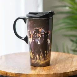 Plow & Hearth Travel Cups>Ceramic Perfect Travel Cup, 17oz, w/ Gift Box, Running Horses