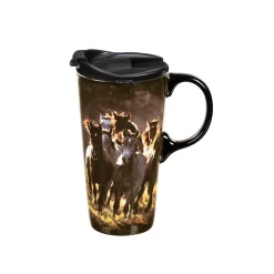 Plow & Hearth Travel Cups>Ceramic Perfect Travel Cup, 17oz, w/ Gift Box, Running Horses