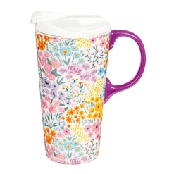 Plow & Hearth Travel Cups>Ceramic Perfect Travel Cup, 17 oz., w/ box, Multicolor Wildflowers