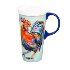 Plow & Hearth Travel Cups>Ceramic Perfect Travel Cup, 17oz., w/ Gift Box, Colorful Rooster