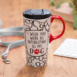 Plow & Hearth Travel Cups>Ceramic Travel Cup, 17 OZ. ,w/box, Interesting Dog