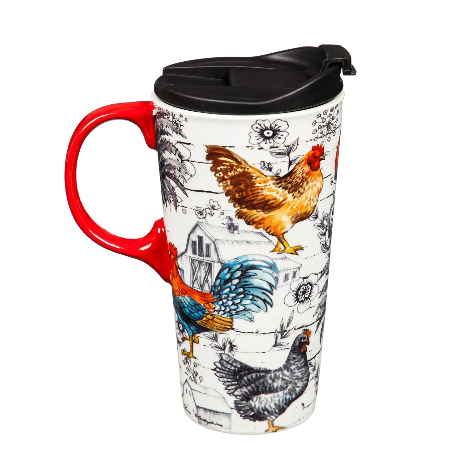 Plow & Hearth Travel Cups>Ceramic Travel Cup, 17 OZ. ,w/box, Chicken Collage