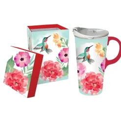 Plow & Hearth Travel Cups>Ceramic Travel Cup, 17 OZ. ,w/box, Garden Hummingbird