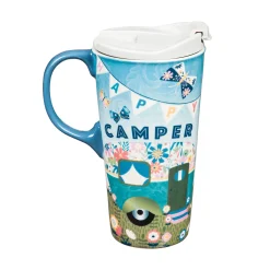 Plow & Hearth Travel Cups>Ceramic Travel Cup, 17 OZ. ,w/box, Happy Camper