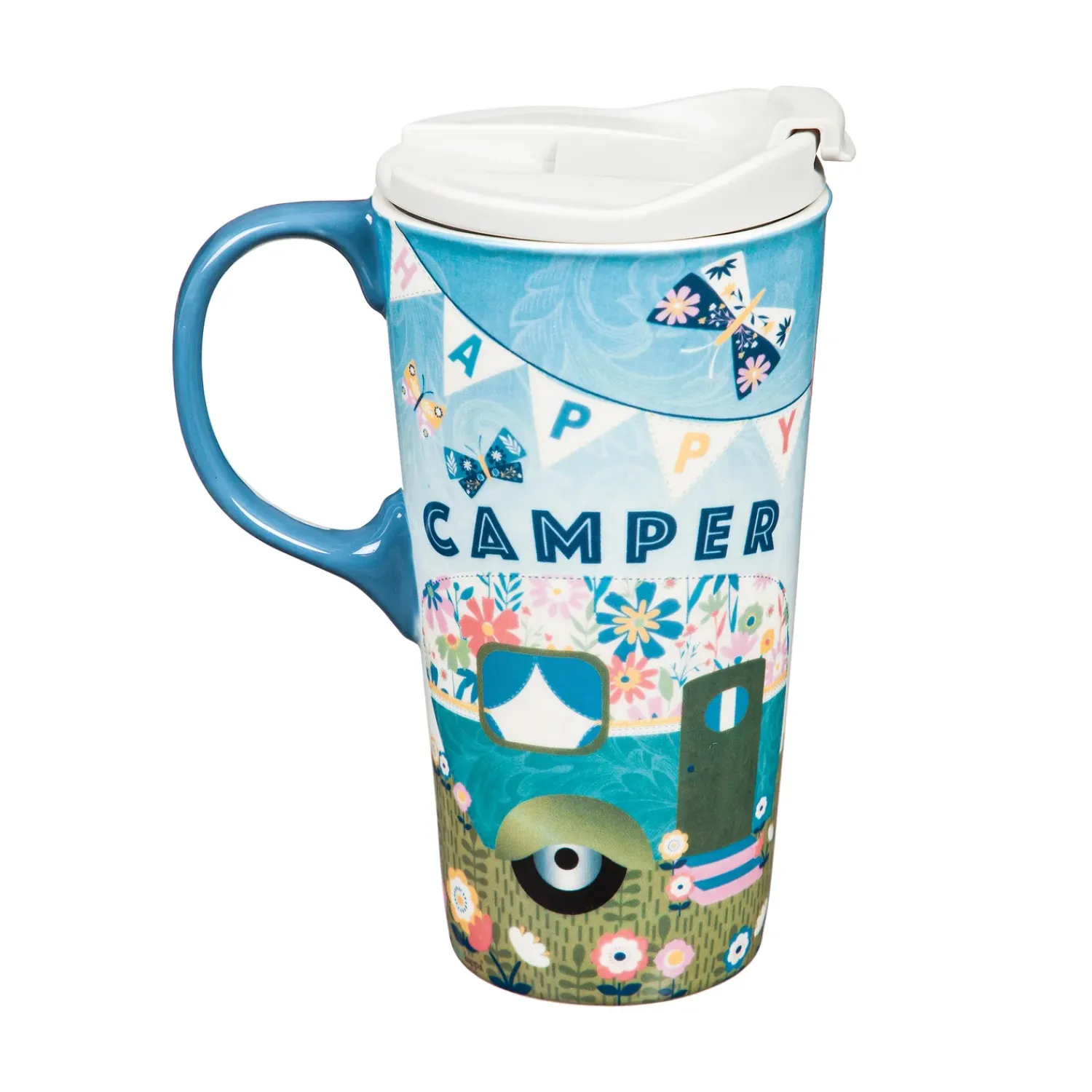 Plow & Hearth Travel Cups>Ceramic Travel Cup, 17 OZ. ,w/box, Happy Camper