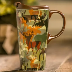 Plow & Hearth Travel Cups>Ceramic Travel Cup, 17 OZ. ,w/box, Woodland Camouflage