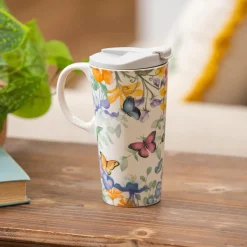 Plow & Hearth Travel Cups>Ceramic Travel Cup, 17 OZ. ,w/box, Cottage Meadows