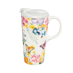 Plow & Hearth Travel Cups>Ceramic Travel Cup, 17 OZ. ,w/box, Cottage Meadows