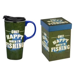 Plow & Hearth Travel Cups>Ceramic Travel Cup, 17 OZ.,w/box, Only Happy When I'm Fishing
