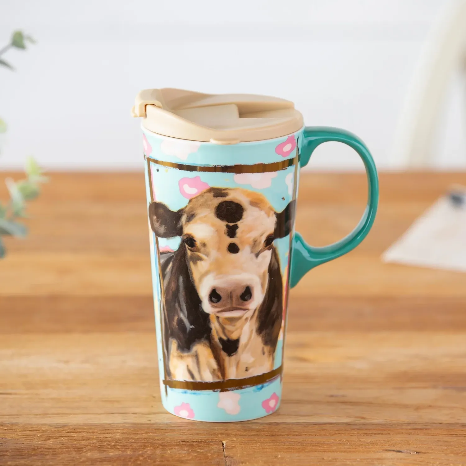 Plow & Hearth Travel Cups>Ceramic Travel Cup w/ metallic accents, 17 OZ, Myrtle