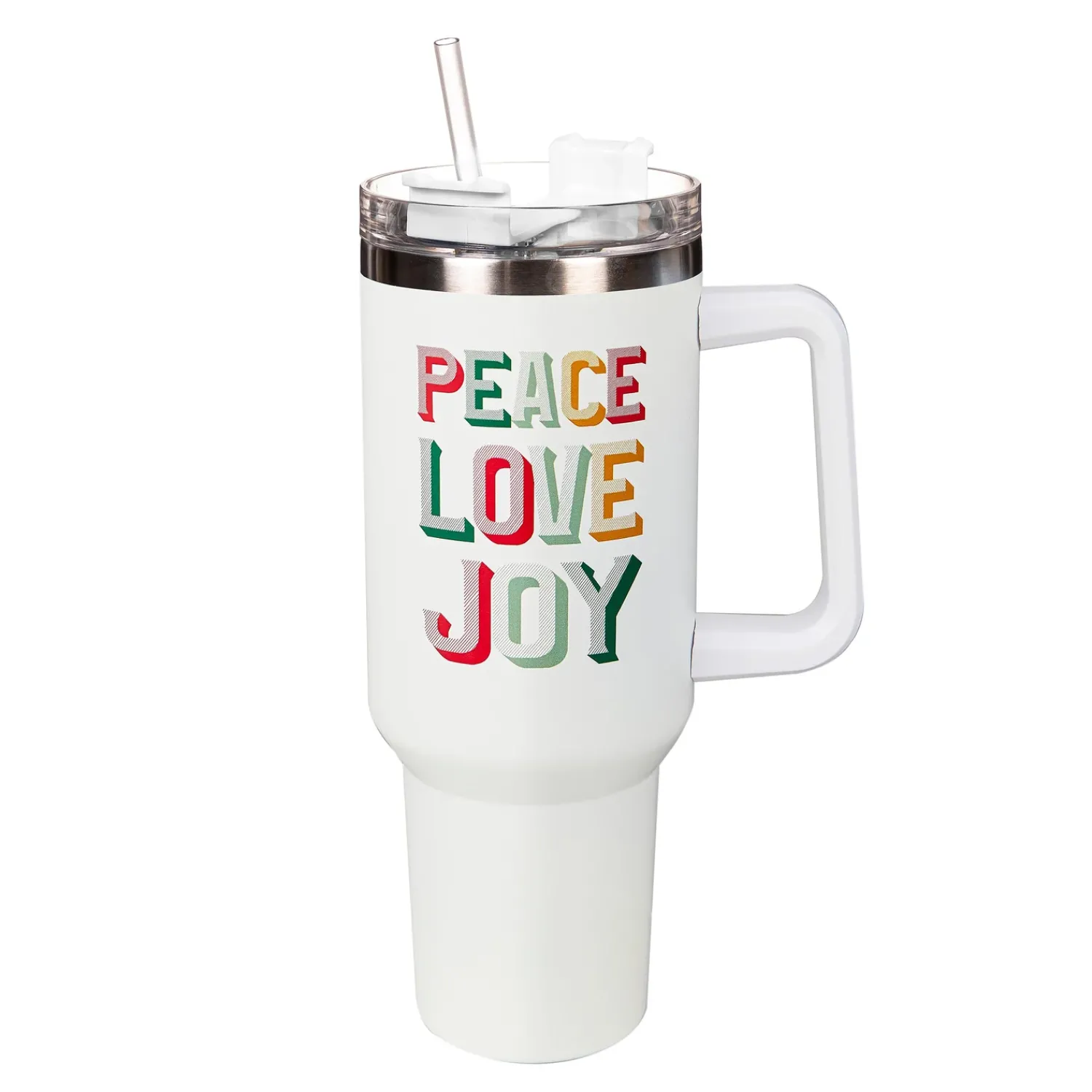Plow & Hearth Travel Cups>Christmas Vacation Tumbler Stainless-Steel Canyon Cup w/ Straw, Peace Love Joy, 40oz, Gift Box